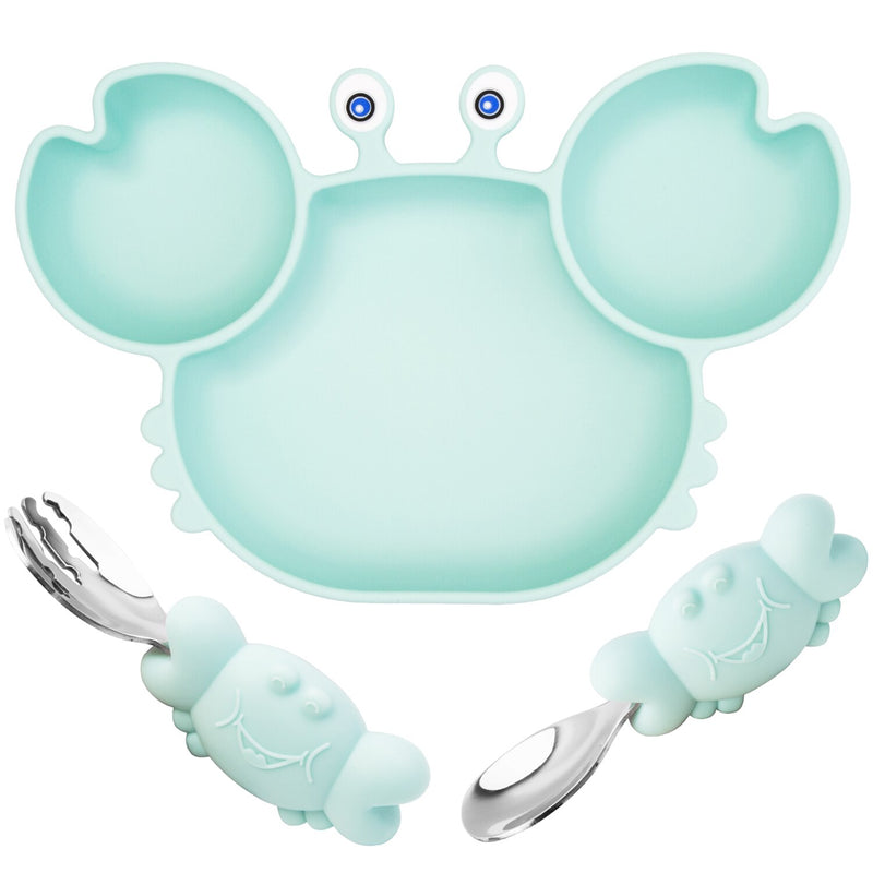 Kit prato de silicone caranguejo com ventosa + talheres para bebê