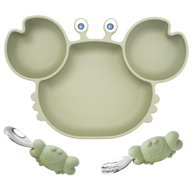 Kit prato de silicone caranguejo com ventosa + talheres para bebê