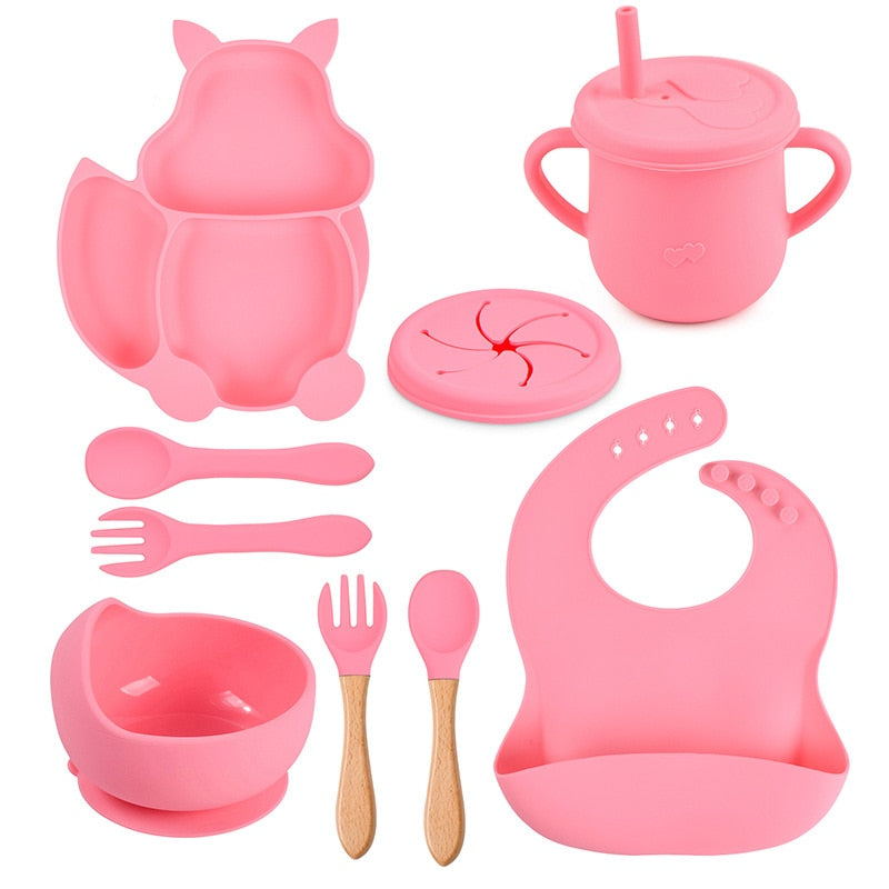 Kit 8 Pcs, Prato Formato Esquilo Com Ventosa, Babador, Conjunto Alimentação Para Bebê